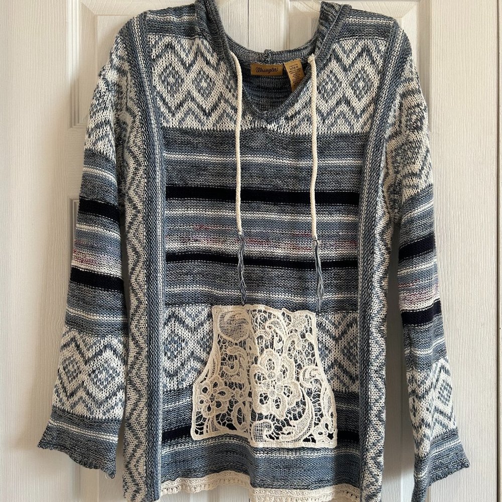 Wrangler Women's Hoodie Sweater Blue & White with crochet embellishments-M size